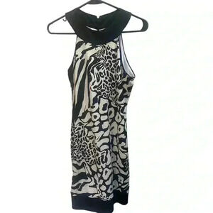 Cache Black and White Sequined Halter Dress